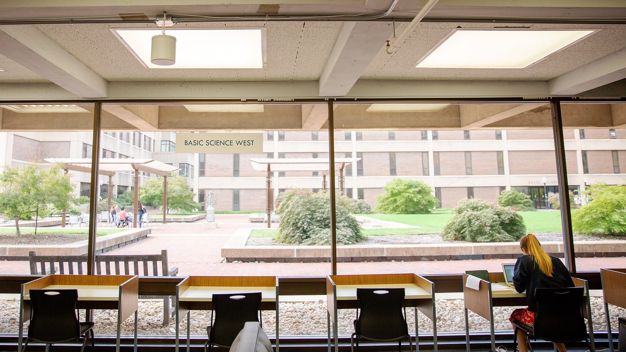 A student sits at a table in Dahlgren Memorial Library
