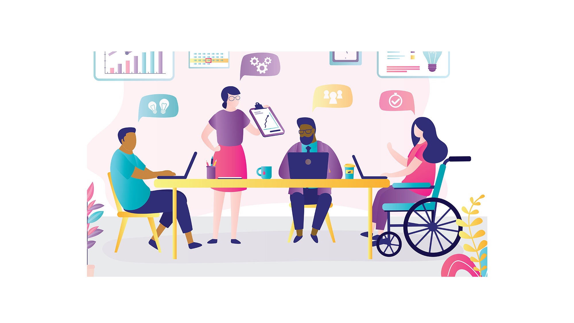 Illustration depicts four figures at a table, one using a wheelchair, all giving input