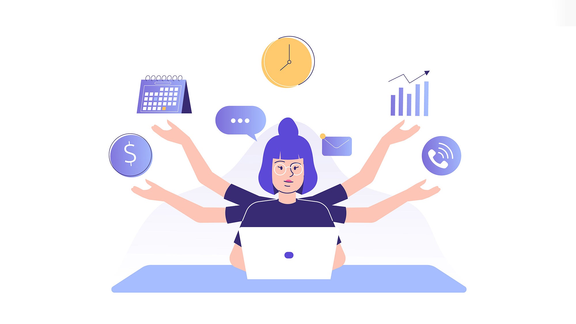 Illustration of a woman doing many tasks at once with many arms