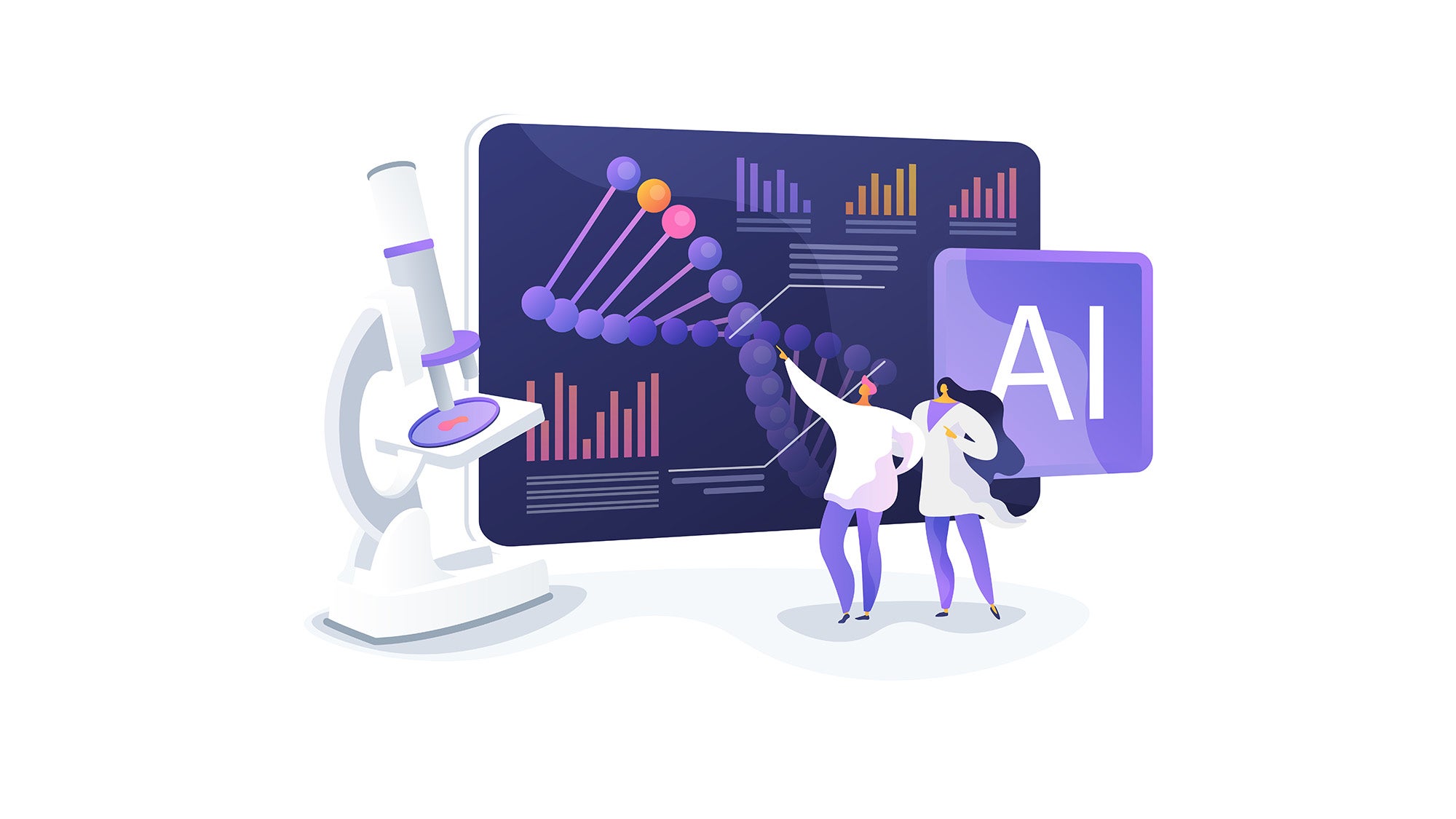 Illustration depicting two researchers using AI