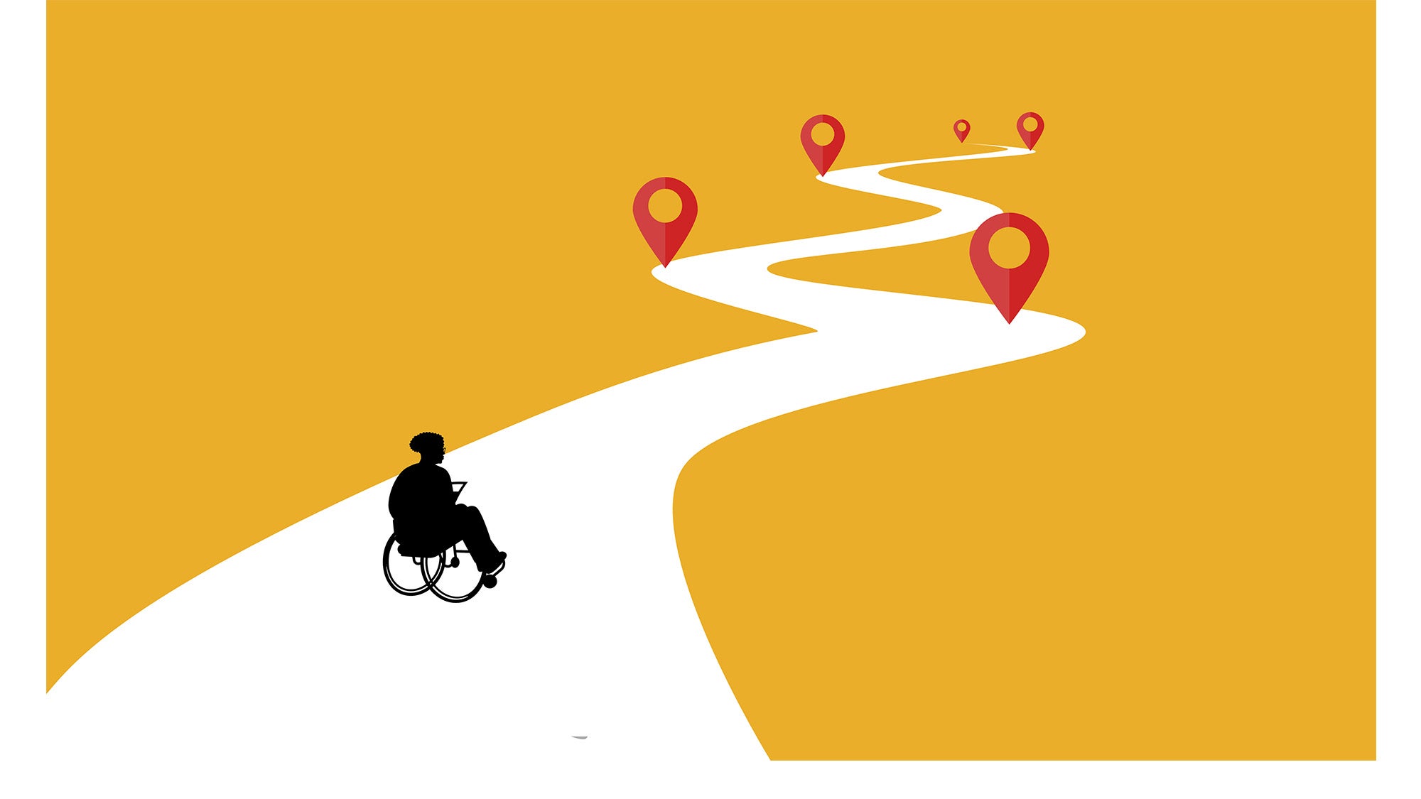 Illustration depicting a figure in a wheelchair heading toward points on a road ahead