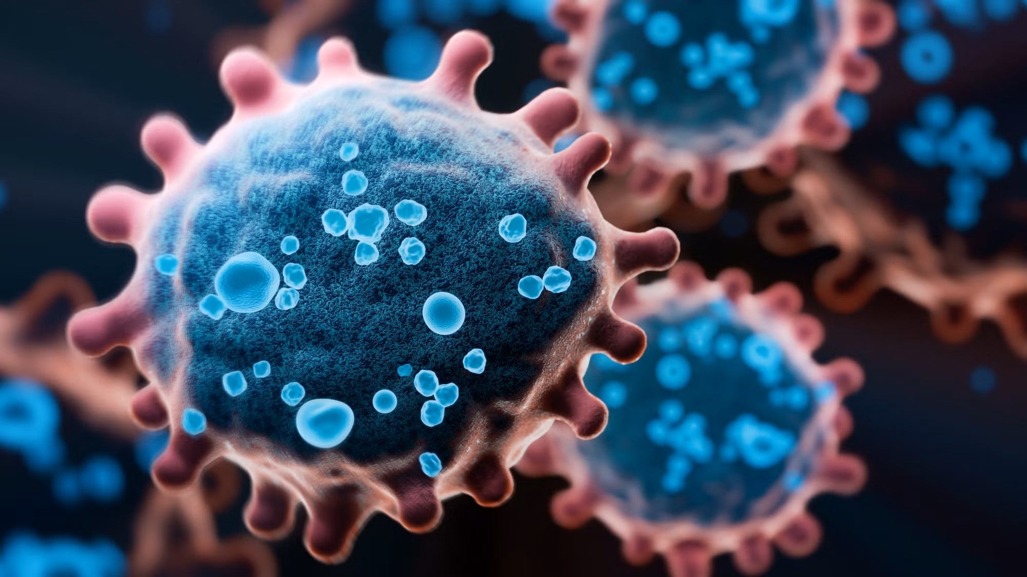 Digital illustration of a virus particle interacting with a cell