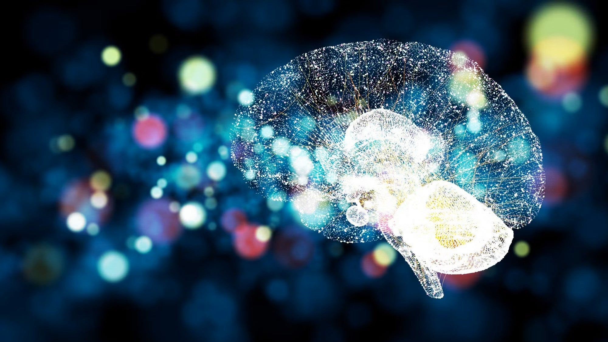Illustration of a brain surrounded by bright splashes of color