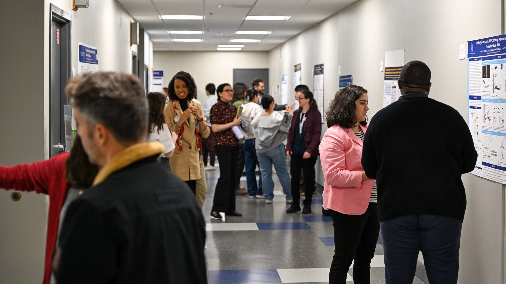 A hallway is filled with poster presentation and people